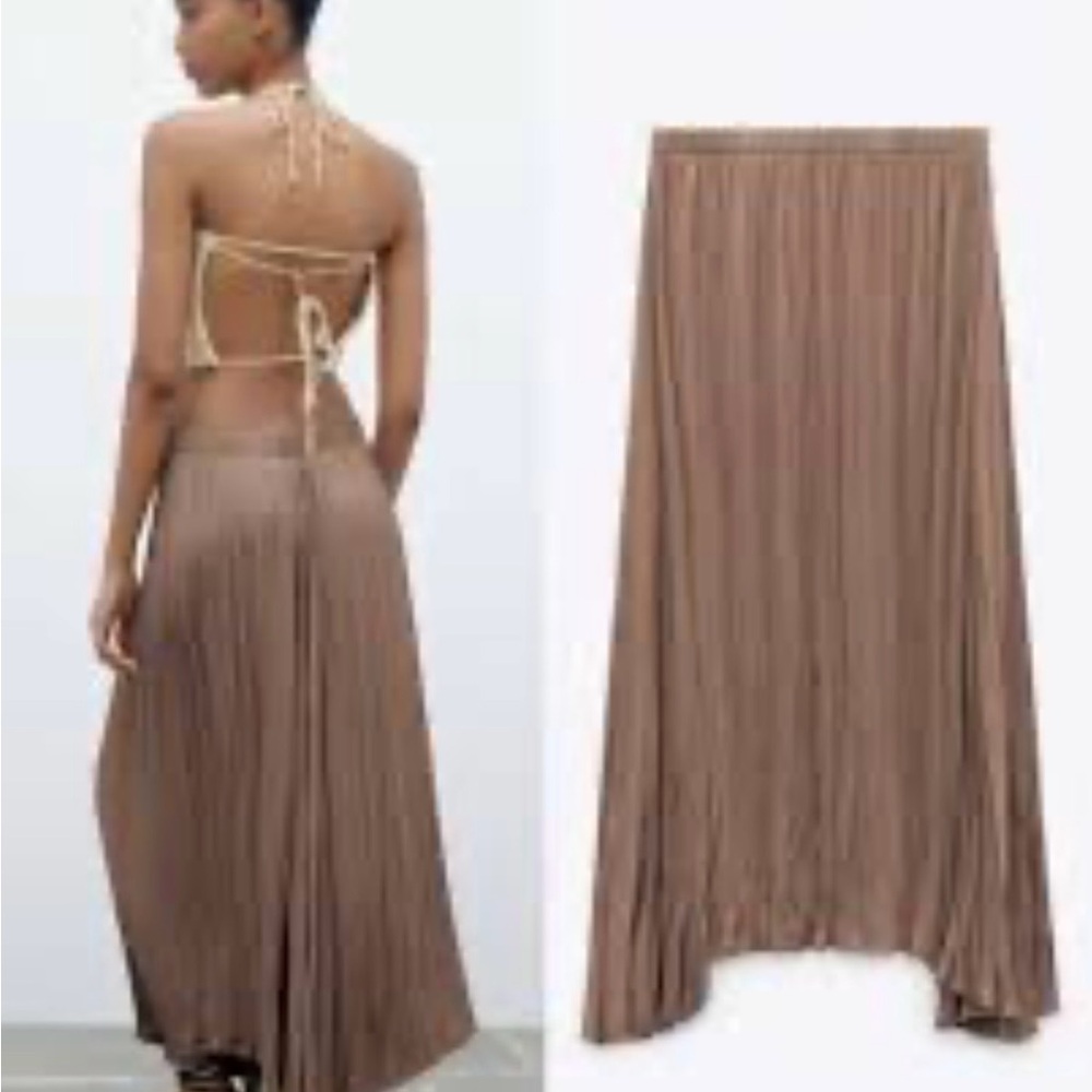 NWOT Zara beige/brown satin crinkle midi skirt. Flowy and flattering, size S. - Picture 2 of 5